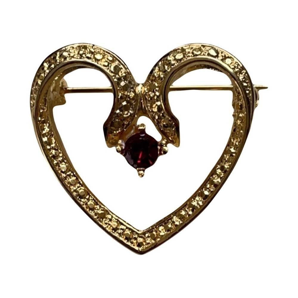 Gold Heart Brooch with Ruby Coloured Stone